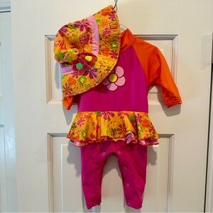 Coolibar Pink and Orange Floral Infant Swim Rashguard w Hat